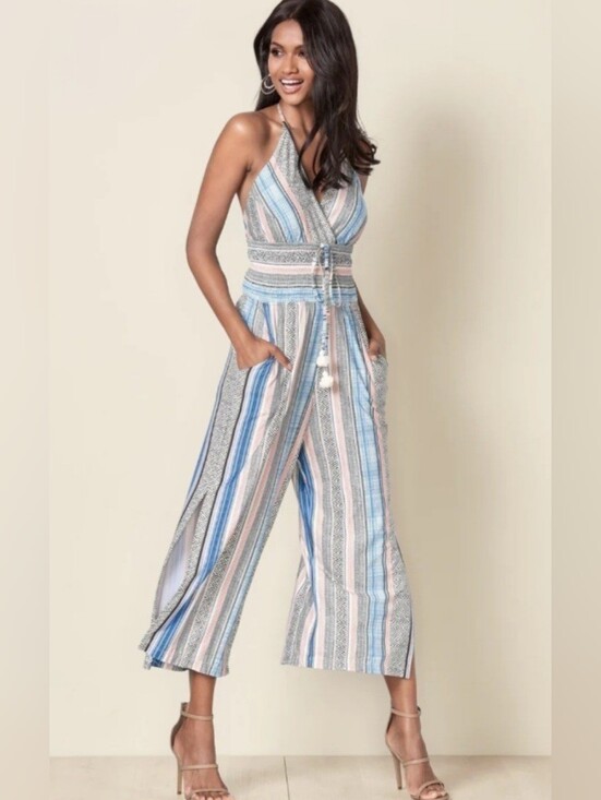 VENUS Pants - NWT VENUS Multi Pattern Blue Striped Halter Jumpsuit